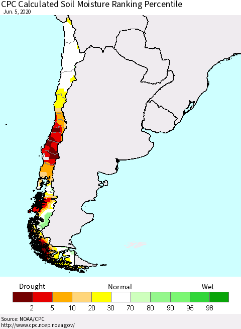 Chile CPC Calculated Soil Moisture Ranking Percentile Thematic Map For 6/1/2020 - 6/5/2020