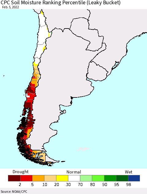 Chile CPC Soil Moisture Ranking Percentile Thematic Map For 2/1/2022 - 2/5/2022