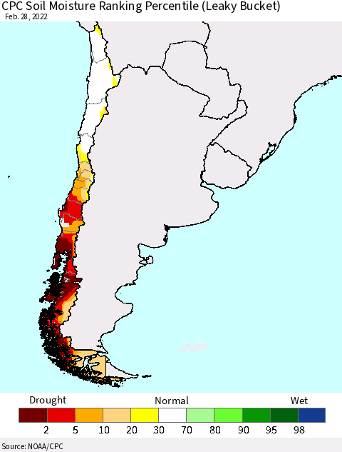 Chile CPC Soil Moisture Ranking Percentile Thematic Map For 2/26/2022 - 2/28/2022