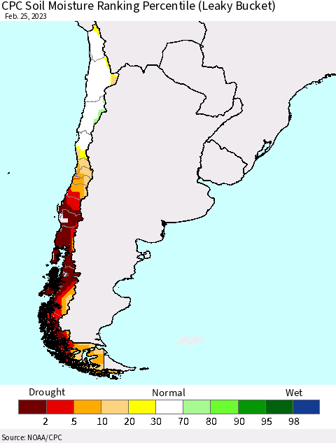 Chile CPC Soil Moisture Ranking Percentile Thematic Map For 2/21/2023 - 2/25/2023