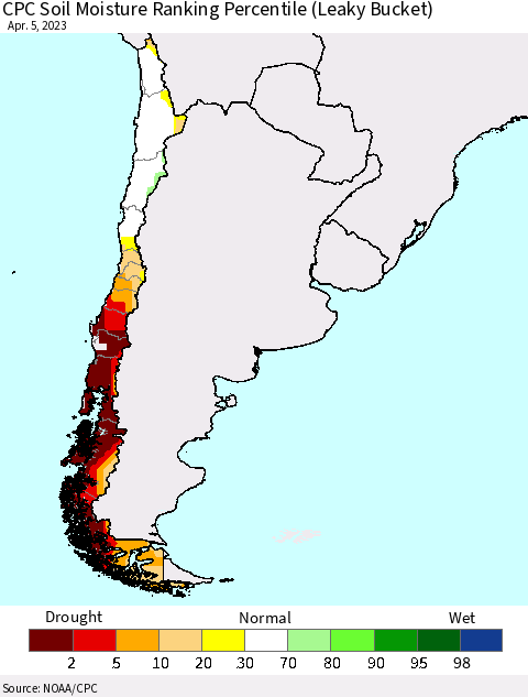 Chile CPC Soil Moisture Ranking Percentile (Leaky Bucket) Thematic Map For 4/1/2023 - 4/5/2023