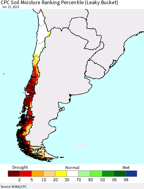Chile CPC Soil Moisture Ranking Percentile Thematic Map For 7/11/2023 - 7/15/2023