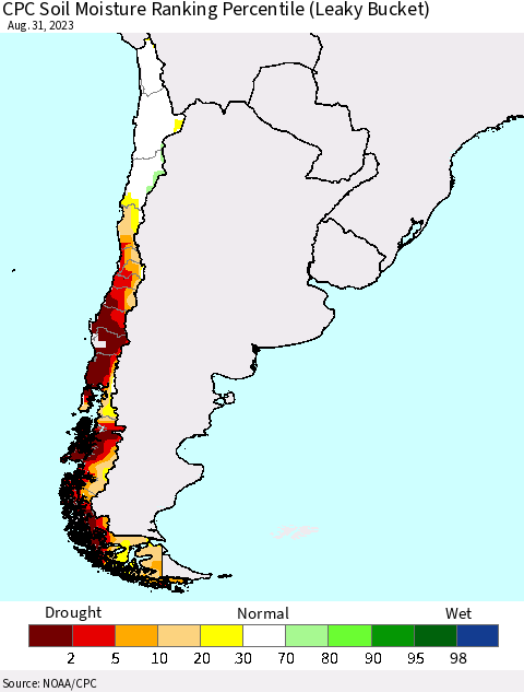 Chile CPC Soil Moisture Ranking Percentile Thematic Map For 8/26/2023 - 8/31/2023