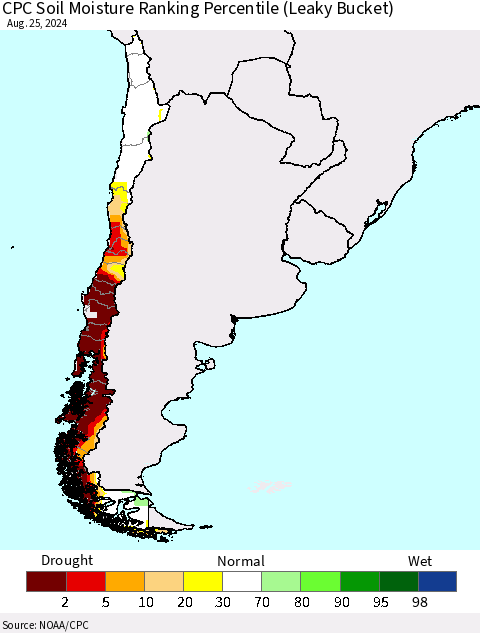 Chile CPC Soil Moisture Ranking Percentile (Leaky Bucket) Thematic Map For 8/21/2024 - 8/25/2024