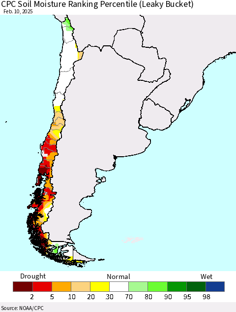 Chile CPC Soil Moisture Ranking Percentile (Leaky Bucket) Thematic Map For 2/6/2025 - 2/10/2025