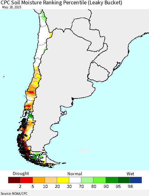 Chile CPC Soil Moisture Ranking Percentile (Leaky Bucket) Thematic Map For 5/16/2025 - 5/20/2025
