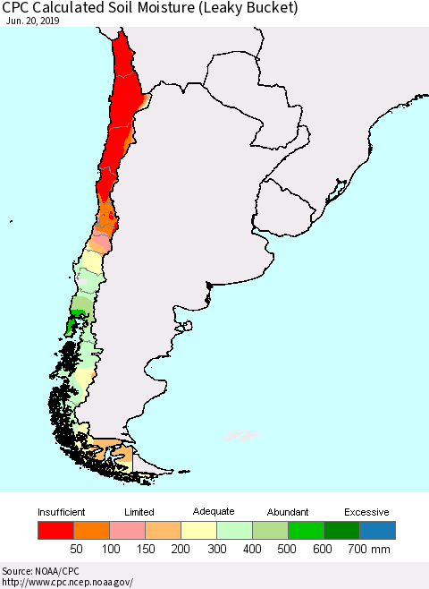 Chile CPC Soil Moisture (Leaky Bucket) Thematic Map For 6/16/2019 - 6/20/2019