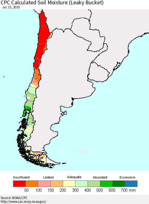 Chile CPC Soil Moisture (Leaky Bucket) Thematic Map For 7/11/2019 - 7/15/2019