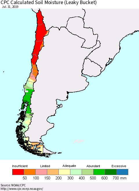Chile CPC Soil Moisture (Leaky Bucket) Thematic Map For 7/26/2019 - 7/31/2019