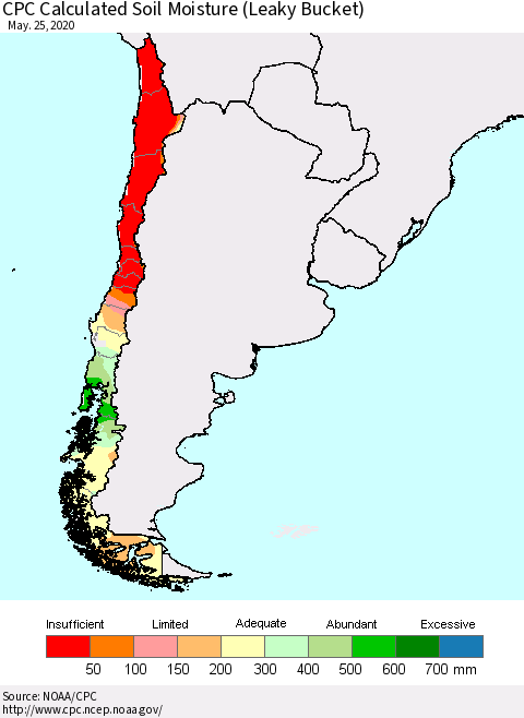 Chile CPC Calculated Soil Moisture (Leaky Bucket) Thematic Map For 5/21/2020 - 5/25/2020