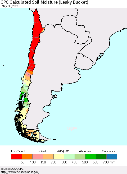 Chile CPC Soil Moisture (Leaky Bucket) Thematic Map For 5/26/2020 - 5/31/2020