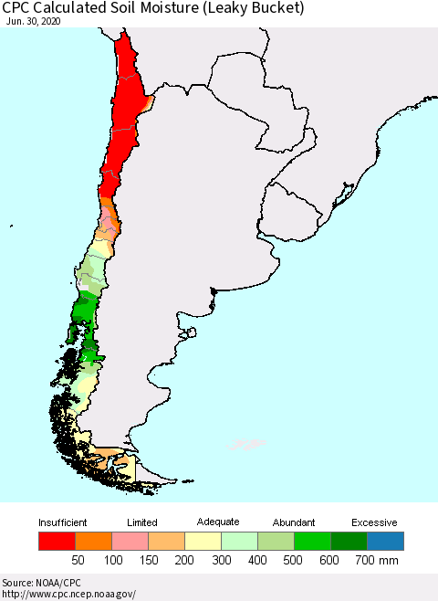 Chile CPC Soil Moisture (Leaky Bucket) Thematic Map For 6/26/2020 - 6/30/2020