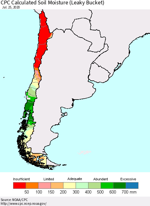 Chile CPC Soil Moisture (Leaky Bucket) Thematic Map For 7/21/2020 - 7/25/2020