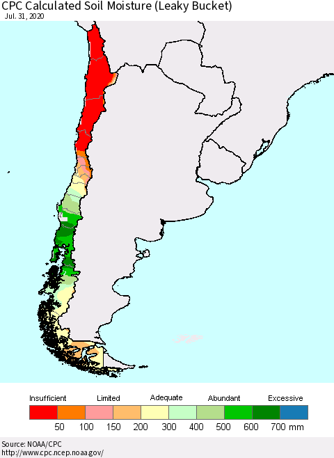Chile CPC Soil Moisture (Leaky Bucket) Thematic Map For 7/26/2020 - 7/31/2020
