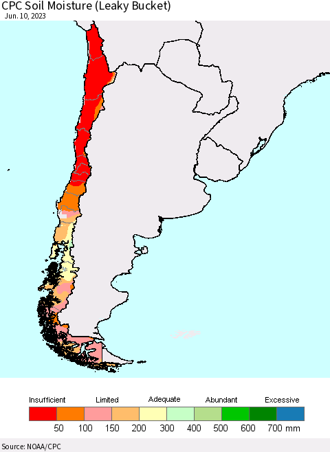 Chile CPC Soil Moisture (Leaky Bucket) Thematic Map For 6/6/2023 - 6/10/2023