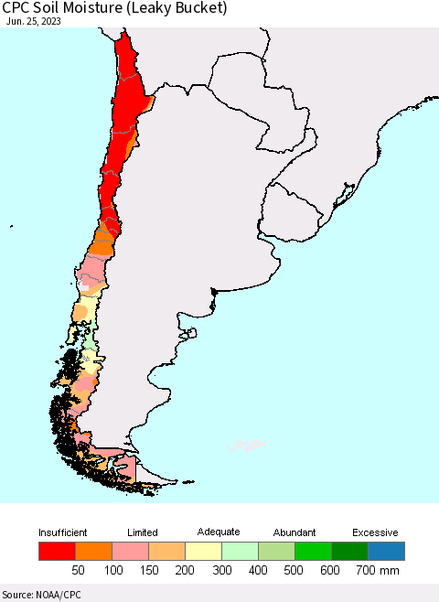 Chile CPC Soil Moisture (Leaky Bucket) Thematic Map For 6/21/2023 - 6/25/2023