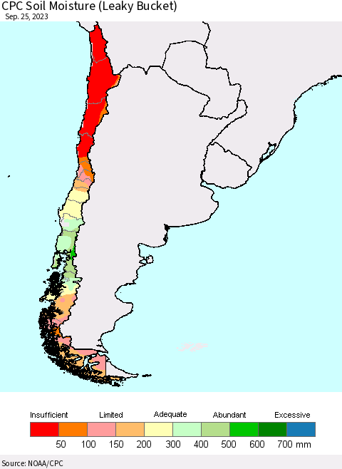 Chile CPC Soil Moisture (Leaky Bucket) Thematic Map For 9/21/2023 - 9/25/2023