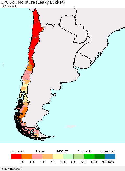 Chile CPC Soil Moisture (Leaky Bucket) Thematic Map For 2/1/2024 - 2/5/2024