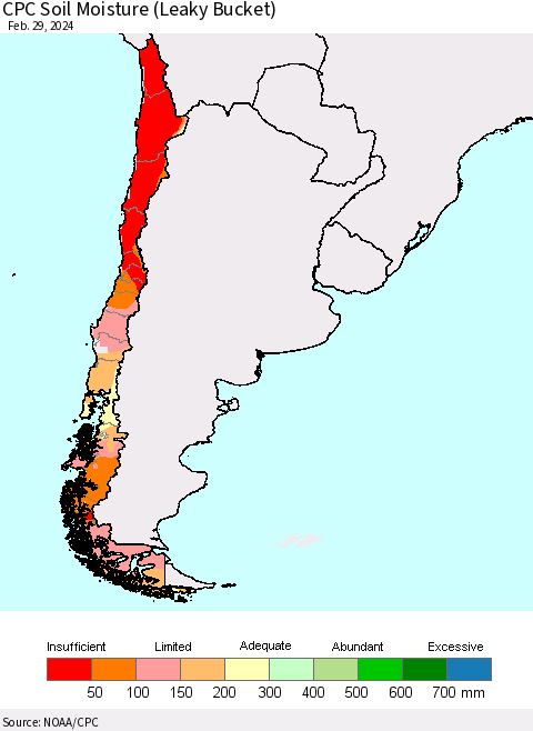 Chile CPC Soil Moisture (Leaky Bucket) Thematic Map For 2/26/2024 - 2/29/2024