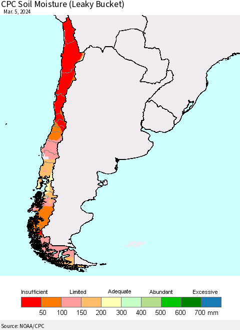 Chile CPC Soil Moisture (Leaky Bucket) Thematic Map For 3/1/2024 - 3/5/2024