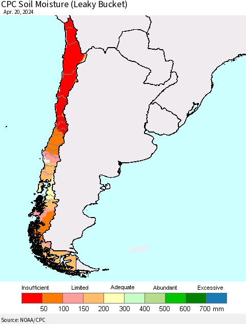 Chile CPC Soil Moisture (Leaky Bucket) Thematic Map For 4/16/2024 - 4/20/2024