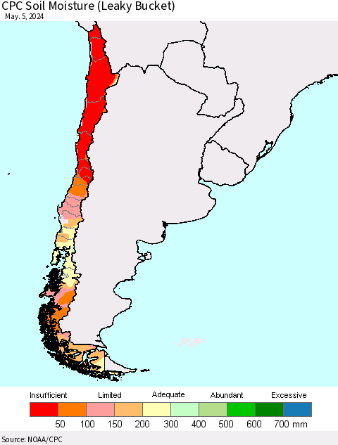 Chile CPC Soil Moisture (Leaky Bucket) Thematic Map For 5/1/2024 - 5/5/2024