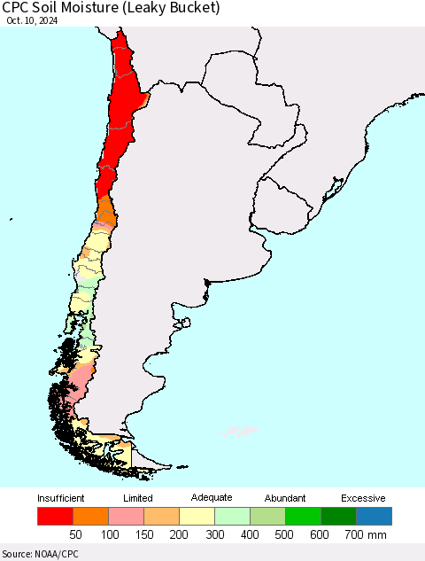 Chile CPC Soil Moisture (Leaky Bucket) Thematic Map For 10/6/2024 - 10/10/2024