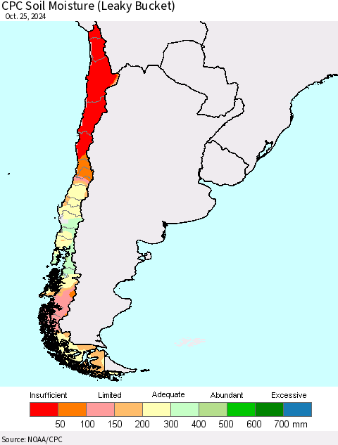 Chile CPC Soil Moisture (Leaky Bucket) Thematic Map For 10/21/2024 - 10/25/2024