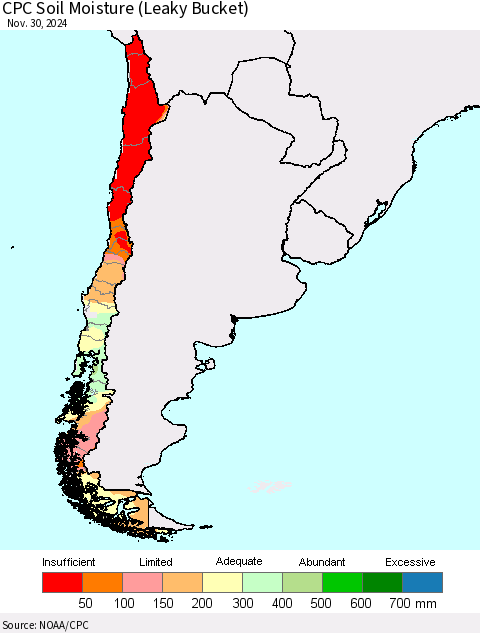 Chile CPC Soil Moisture (Leaky Bucket) Thematic Map For 11/26/2024 - 11/30/2024