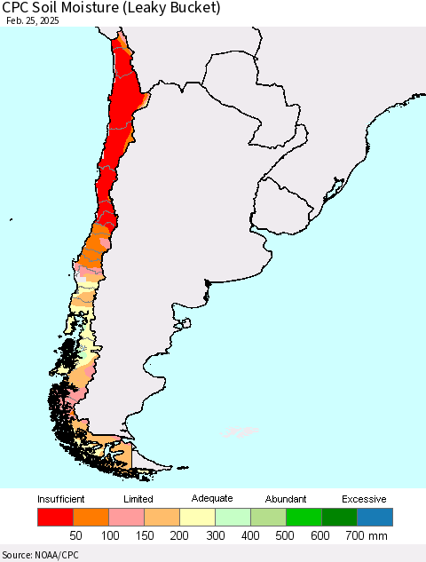 Chile CPC Soil Moisture (Leaky Bucket) Thematic Map For 2/21/2025 - 2/25/2025