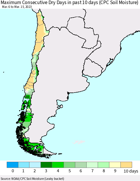 Chile Maximum Consecutive Dry Days in past 10 days (CPC Soil Moisture) Thematic Map For 3/11/2023 - 3/15/2023