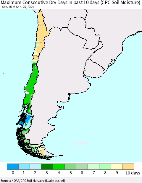 Chile Maximum Consecutive Dry Days in past 10 days (CPC Soil Moisture) Thematic Map For 9/21/2024 - 9/25/2024