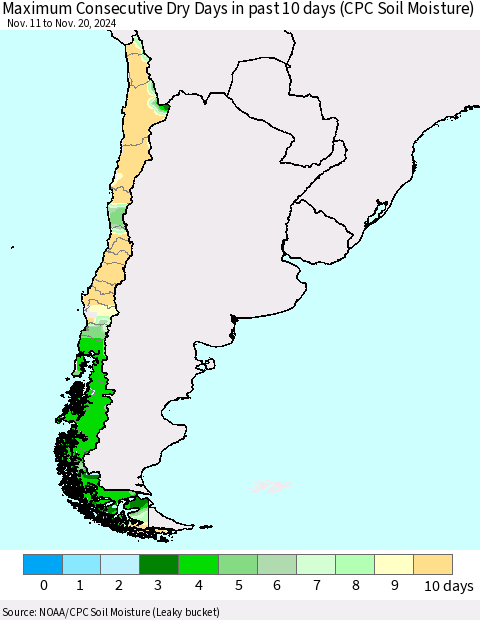 Chile Maximum Consecutive Dry Days in past 10 days (CPC Soil Moisture) Thematic Map For 11/16/2024 - 11/20/2024
