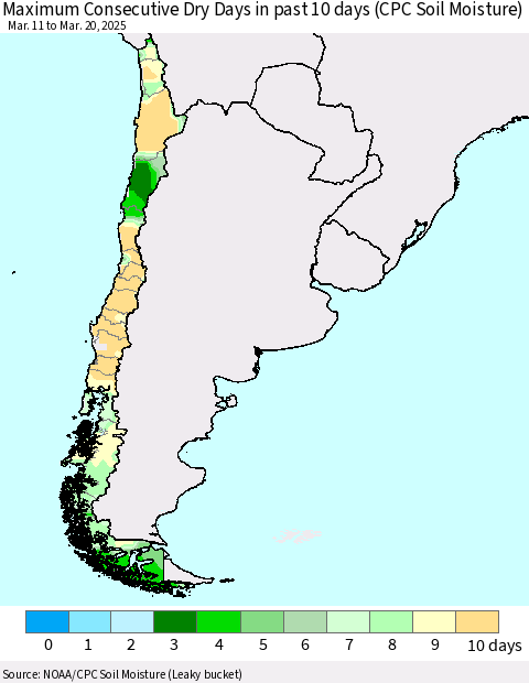 Chile Maximum Consecutive Dry Days in past 10 days (CPC Soil Moisture) Thematic Map For 3/16/2025 - 3/20/2025