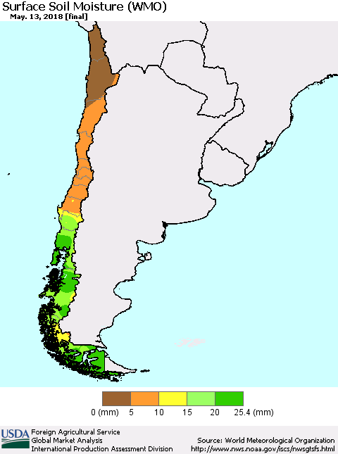Chile Surface Soil Moisture (WMO) Thematic Map For 5/7/2018 - 5/13/2018