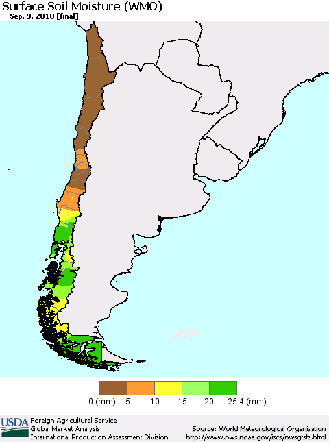 Chile Surface Soil Moisture (WMO) Thematic Map For 9/3/2018 - 9/9/2018