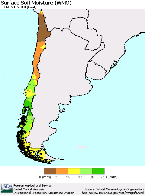 Chile Surface Soil Moisture (WMO) Thematic Map For 10/15/2018 - 10/21/2018