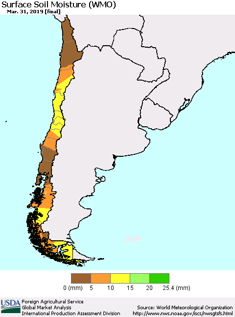 Chile Surface Soil Moisture (WMO) Thematic Map For 3/25/2019 - 3/31/2019
