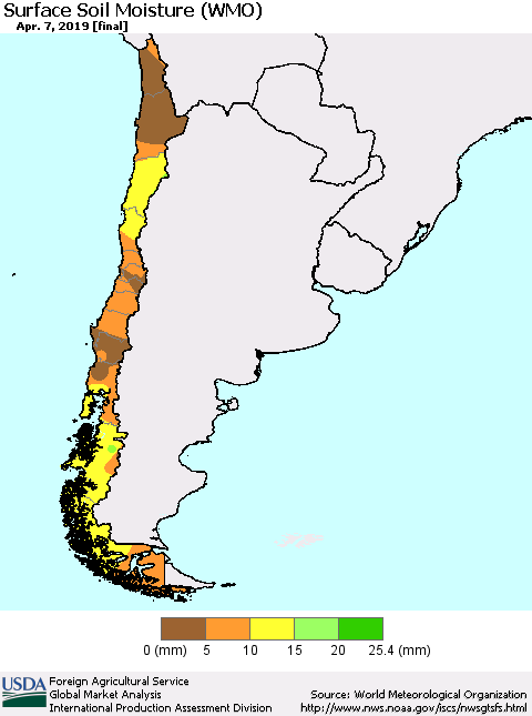 Chile Surface Soil Moisture (WMO) Thematic Map For 4/1/2019 - 4/7/2019