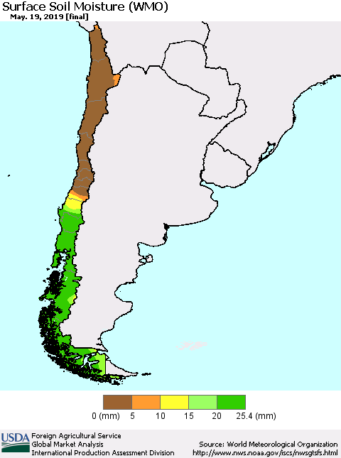 Chile Surface Soil Moisture (WMO) Thematic Map For 5/13/2019 - 5/19/2019