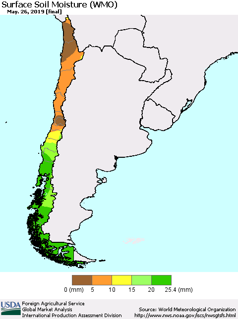 Chile Surface Soil Moisture (WMO) Thematic Map For 5/20/2019 - 5/26/2019