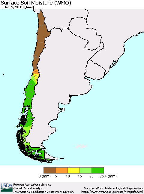 Chile Surface Soil Moisture (WMO) Thematic Map For 5/27/2019 - 6/2/2019