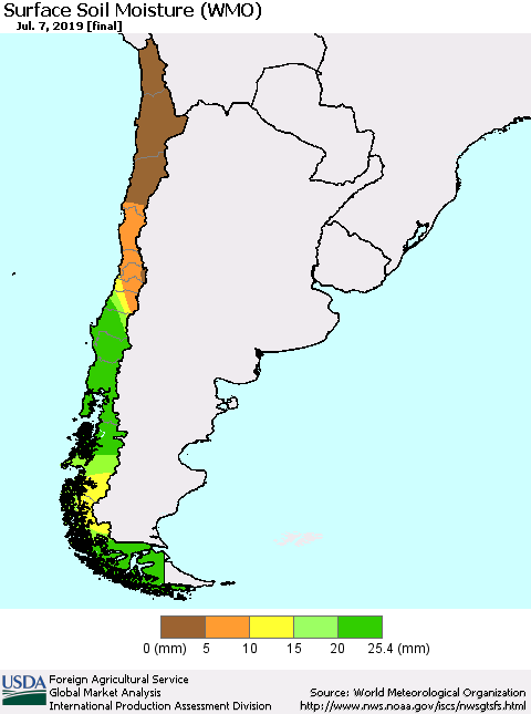 Chile Surface Soil Moisture (WMO) Thematic Map For 7/1/2019 - 7/7/2019