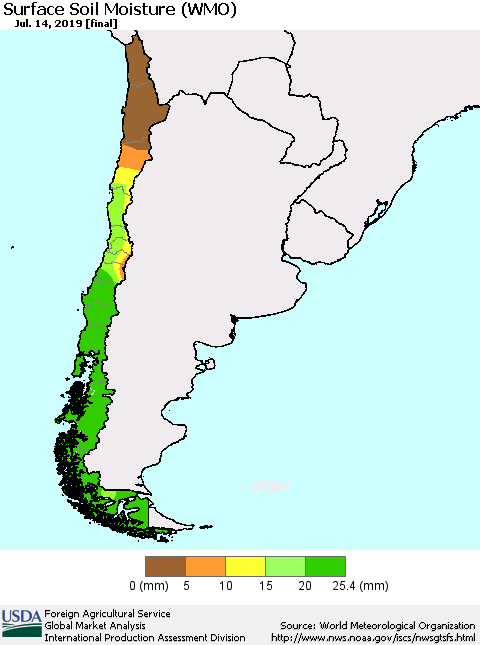 Chile Surface Soil Moisture (WMO) Thematic Map For 7/8/2019 - 7/14/2019