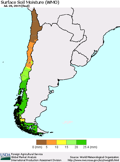 Chile Surface Soil Moisture (WMO) Thematic Map For 7/22/2019 - 7/28/2019