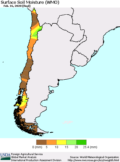 Chile Surface Soil Moisture (WMO) Thematic Map For 2/10/2020 - 2/16/2020