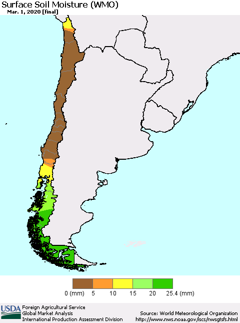 Chile Surface Soil Moisture (WMO) Thematic Map For 2/24/2020 - 3/1/2020