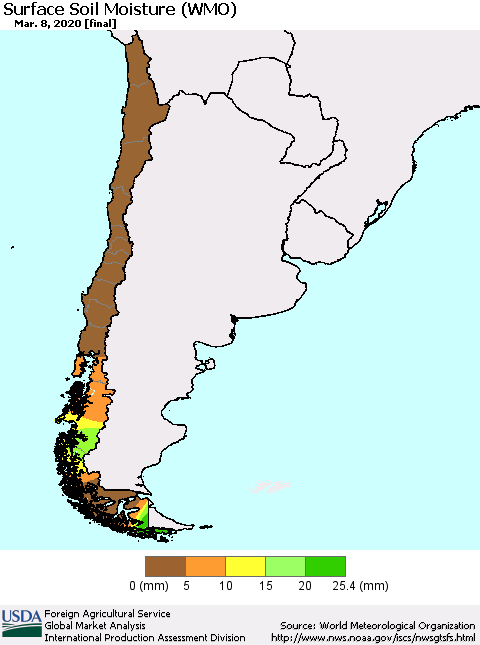 Chile Surface Soil Moisture (WMO) Thematic Map For 3/2/2020 - 3/8/2020