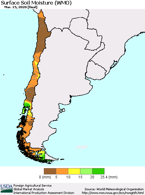 Chile Surface Soil Moisture (WMO) Thematic Map For 3/9/2020 - 3/15/2020