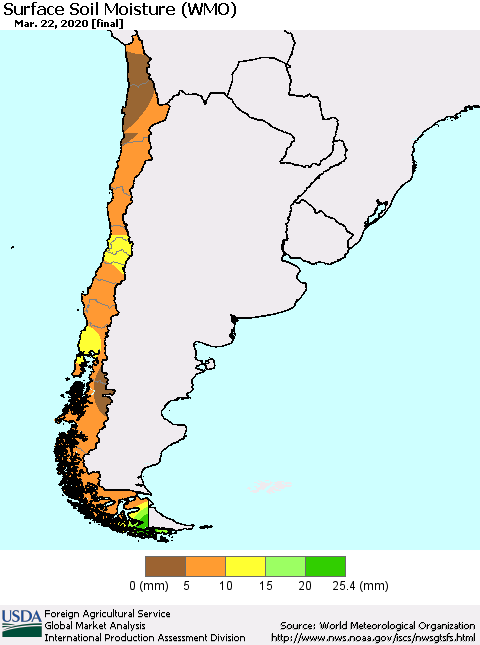 Chile Surface Soil Moisture (WMO) Thematic Map For 3/16/2020 - 3/22/2020
